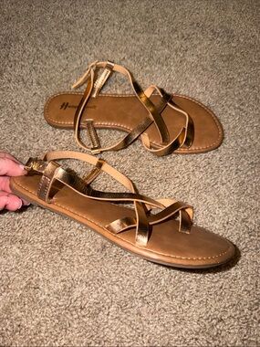 Metallic Bronze Strappy Flat Sandals with Adjustable Ankle Strap